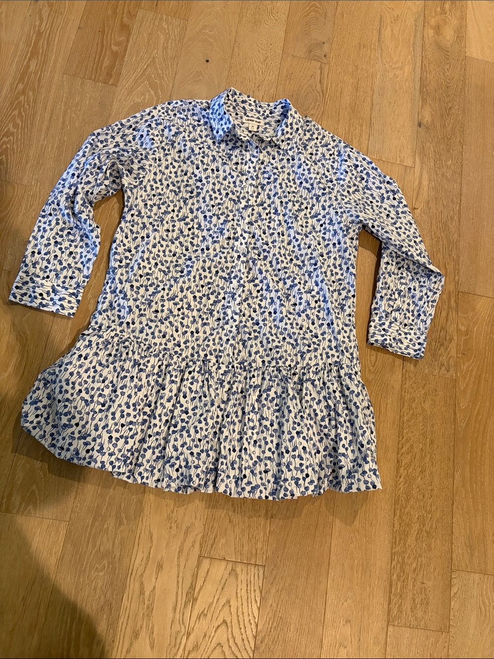 Lands' End Shirt Dress with Blue Floral Print and Ruffle Hem